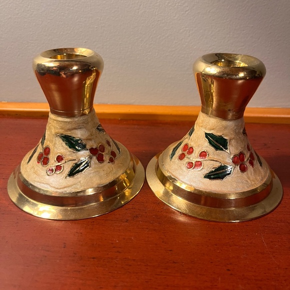 Brass and Enamel Cloisonné Christmas Holiday Candlestick Holders-set of 2 - Picture 1 of 7